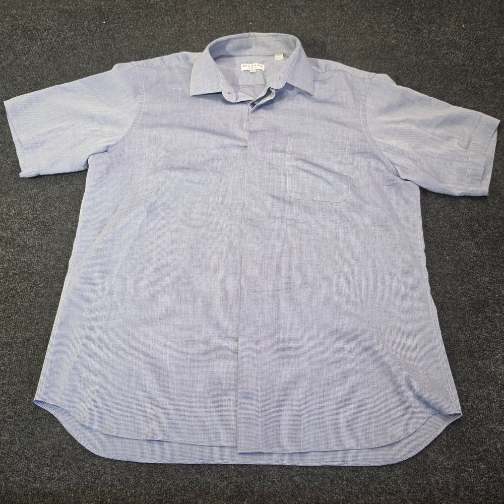Modena Mens Short Sleeve Button Down Shirt Blue Micro Pattern Classic Fit 17.5